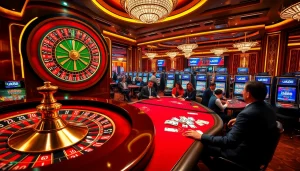 Experience thrilling bets at UK88's vibrant casino with roulette, poker tables, and slot machines.