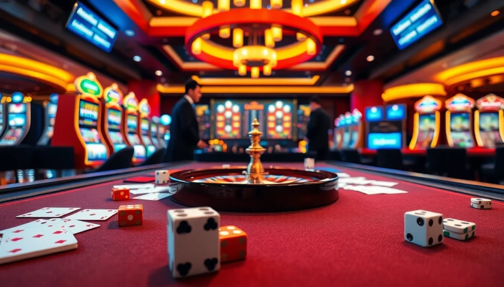 Engage in thrilling gameplay at casino 68win with vibrant slot machines and a roulette wheel.