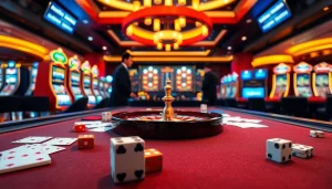 Engage in thrilling gameplay at casino 68win with vibrant slot machines and a roulette wheel.