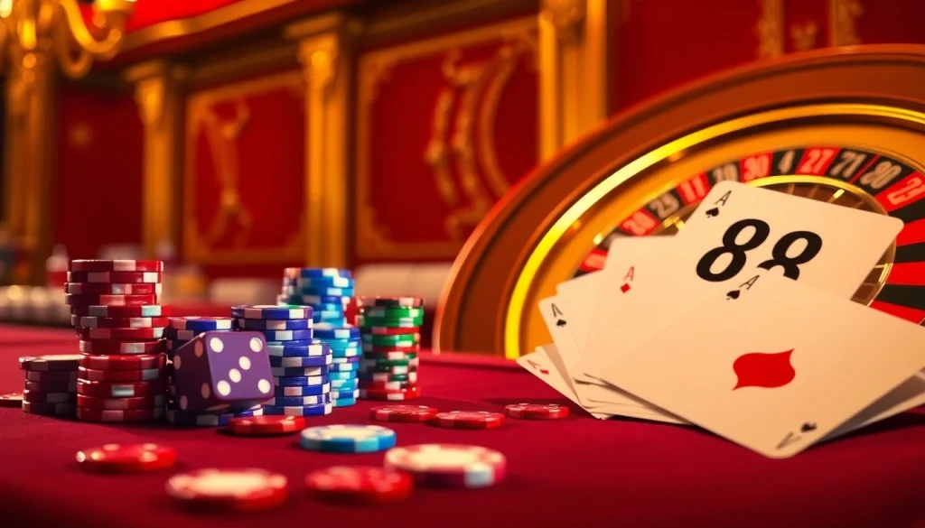 Experience the thrill of j88 with vibrant poker chips and a roulette wheel in an upscale casino scene.