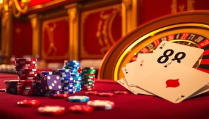 Experience the thrill of j88 with vibrant poker chips and a roulette wheel in an upscale casino scene.