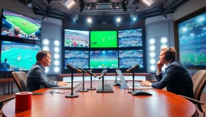 Engaging sports broadcasting studio with anchors delivering live updates and action.