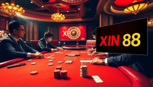 Players enjoying poker at a luxurious gaming table at Xin 88 casino.