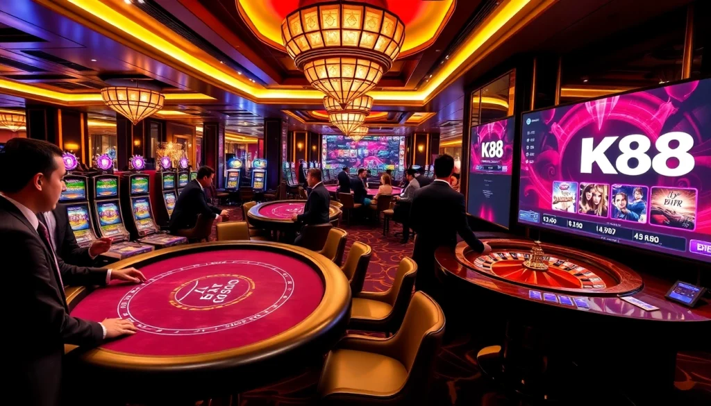 K88 casino patrons enjoying exciting games at a luxurious poker table, interacting with online gambling interfaces.