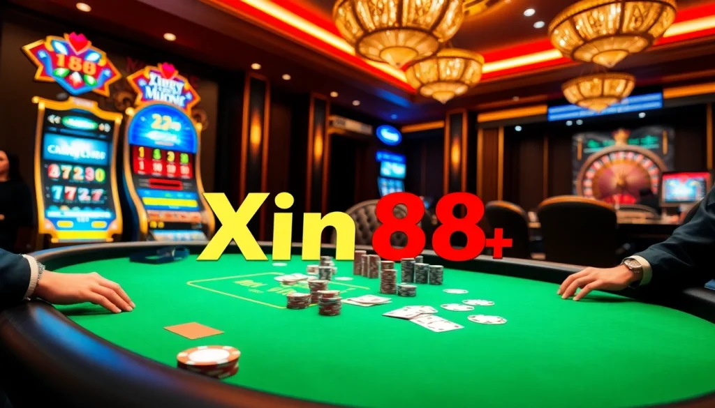 Players strategizing at a Xin88 poker table amidst a vibrant casino backdrop.