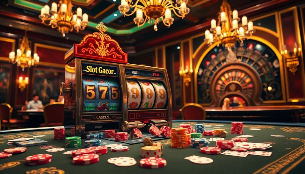 Engaging scene of players enjoying slot gacor machines in a luxurious casino.