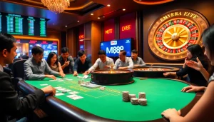 Exciting gaming action at MM88 casino with poker chips and tables.