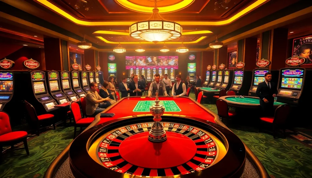 Exciting SHBET0 com casino scene with players at tables, bright slot machines, and a thrilling roulette wheel.