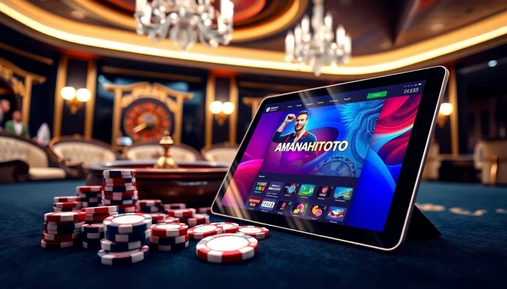 Engaging players with AMANAHTOTO on a luxurious online gambling platform surrounded by casino elements.