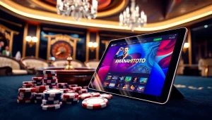Engaging players with AMANAHTOTO on a luxurious online gambling platform surrounded by casino elements.