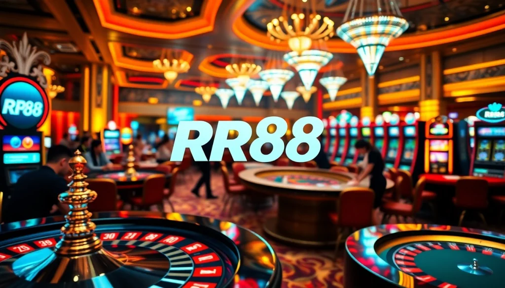 Players enjoy exciting games at RR88 online casino with vibrant tables and slot machines.