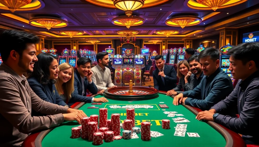 Experience the thrill of HDBET at a lively casino table featuring poker chips and engaged players.