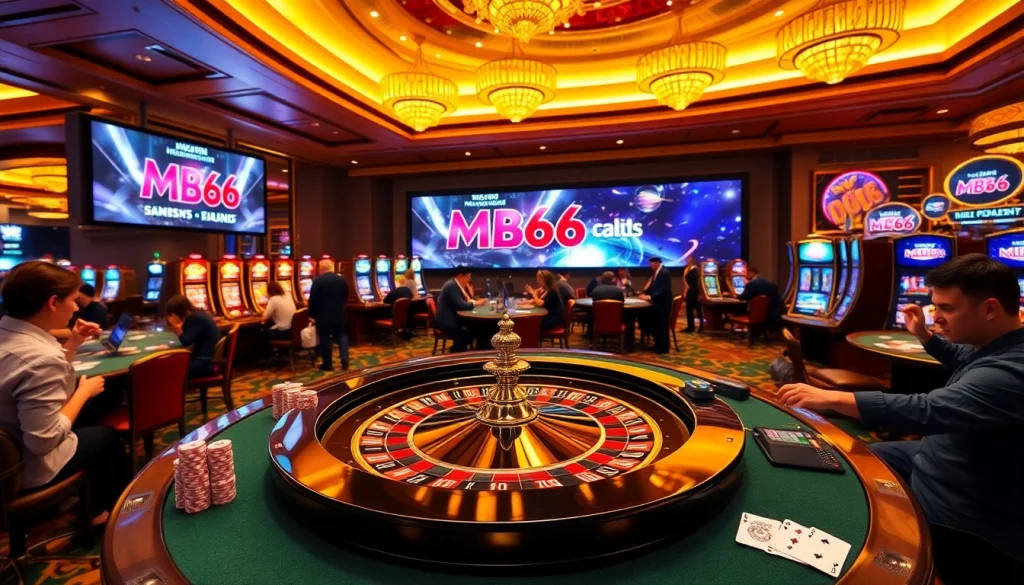 Experience the thrill of MB66 in a vibrant casino scene with roulette and poker.