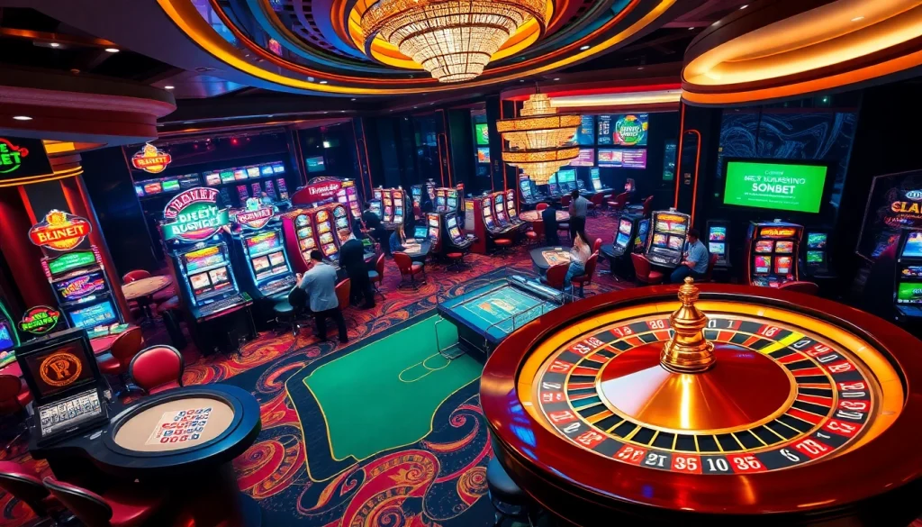 Experience thrilling SOIBET gameplay at a luxurious casino, featuring vibrant slot machines and poker tables.