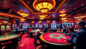 SODO CASINO vibrant gaming scene with engaged players at poker tables and roulette wheels.
