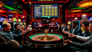 Tool xổ số siêu tốc showcases an exciting casino scene with players at a roulette table.