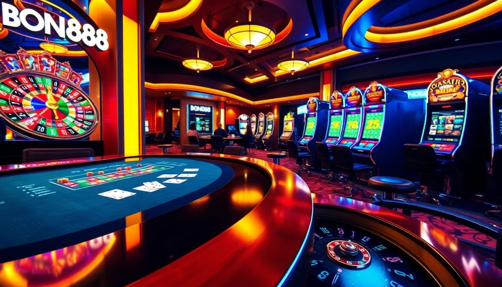 BONG88 players celebrating their wins at a vibrant casino with poker tables and roulette wheels.