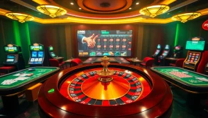 Experience the excitement of online gaming with link jun88 showcased in a vibrant casino scene featuring roulette and gaming tables.