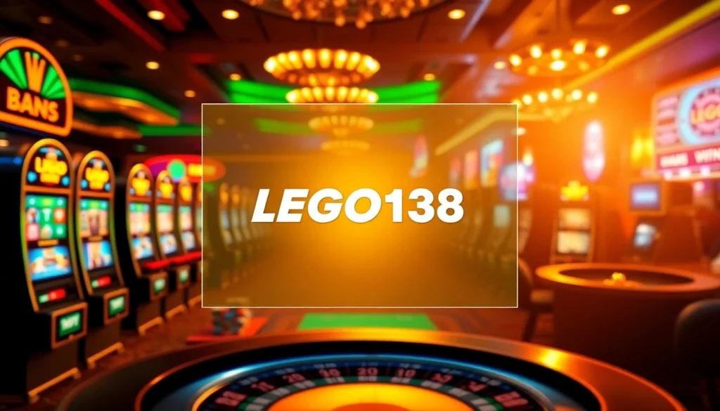 Experience thrilling online gambling with LEGO138, showcasing vibrant slot machines and poker chips.