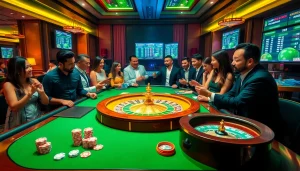 Situs Judi Bola betting atmosphere with players at an elegant casino table.