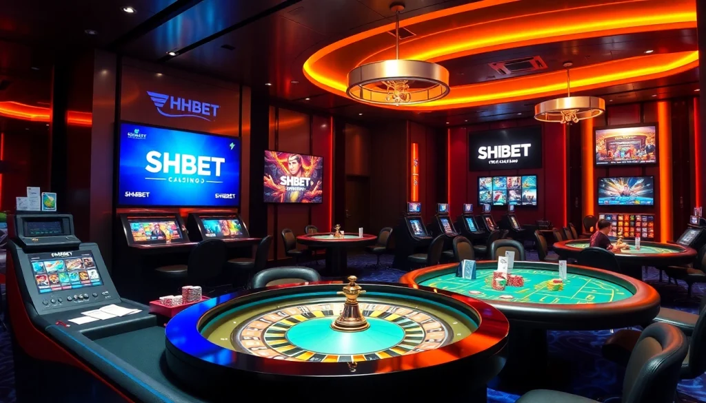 SHBET branding showcases vibrant casino excitement with roulette wheels and poker tables.