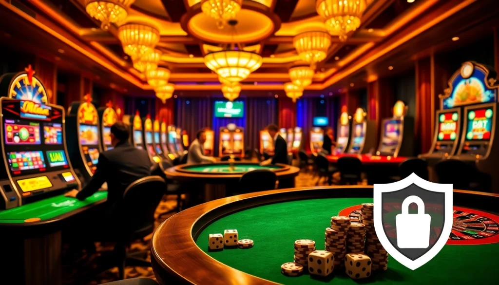 Link vào lu88 showcases a thrilling casino atmosphere with players engaged at tables and vibrant slot machines.