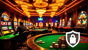 Link vào lu88 showcases a thrilling casino atmosphere with players engaged at tables and vibrant slot machines.