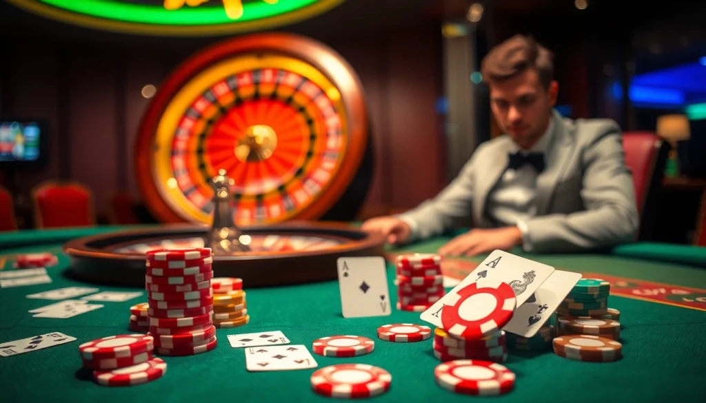 Experience high-stakes gaming at dn88 with vibrant poker chips and cards on a casino table.