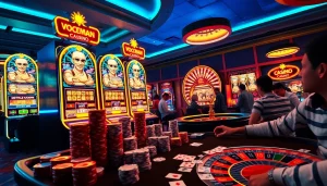 Players strategizing at a spaceman-themed slot machine in an exciting casino environment.