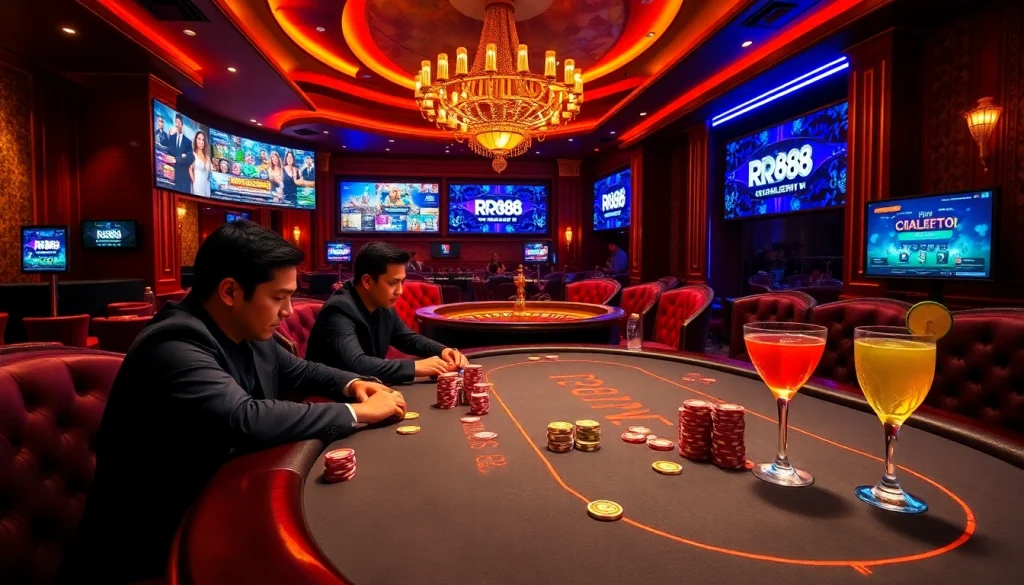 RR88 casino scene showcasing a high-stakes poker table with vibrant poker chips and elegant decor.