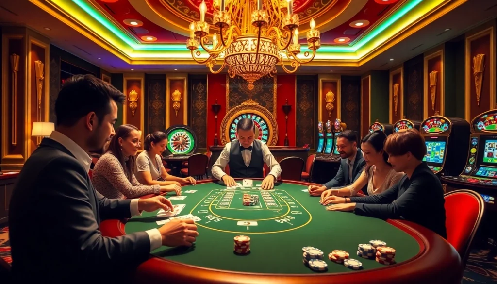 Engaging players at a blackjack table experience the excitement of gambling at https://good88k.co/ with vibrant casino elements.