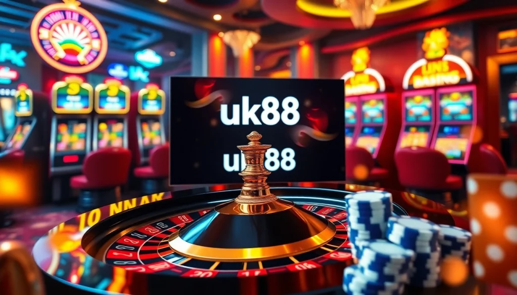 Engaging with link vào uk88 at a vibrant online casino featuring roulette and slot machines.