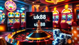 Engaging with link vào uk88 at a vibrant online casino featuring roulette and slot machines.
