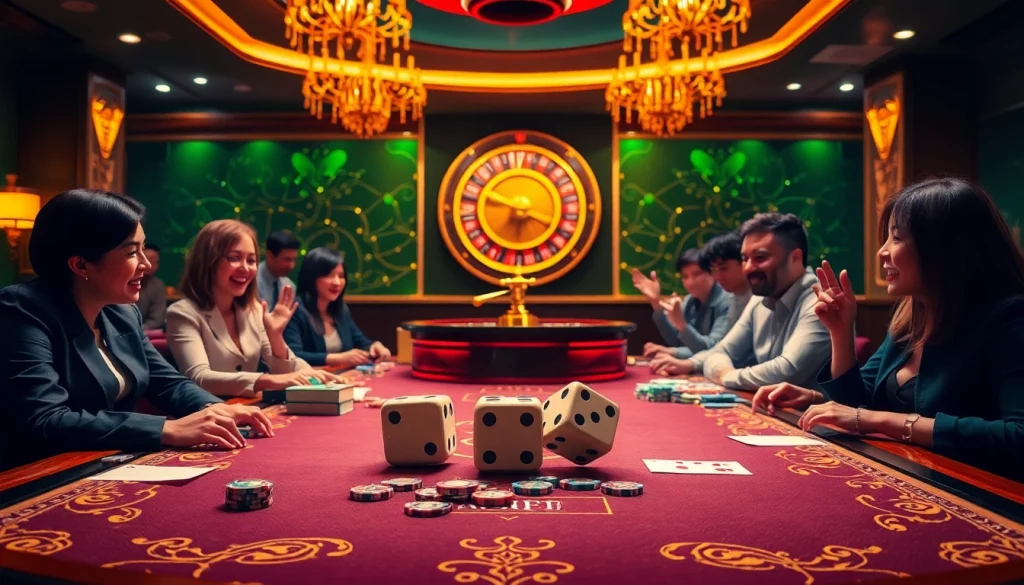 Engaged players at a TÀI XỈU MD5 table enjoying a thrilling game experience at https://taixiumd5.fan/ with vibrant colors and atmosphere.