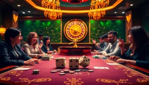 Engaged players at a TÀI XỈU MD5 table enjoying a thrilling game experience at https://taixiumd5.fan/ with vibrant colors and atmosphere.