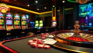 Kqxs exciting poker action at a luxurious casino table filled with vibrant colors and gaming props.