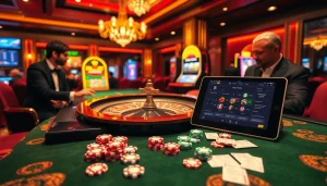 Experience F8BET's exciting casino atmosphere with gamblers at the roulette table surrounded by vibrant gaming elements.