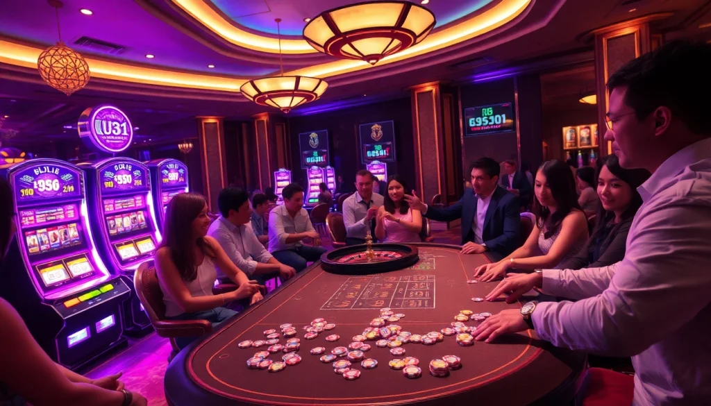 Players enjoying a thrilling U31 casino experience at an elegant gaming table with vibrant slot machines.