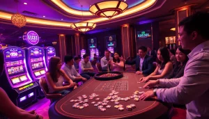 Players enjoying a thrilling U31 casino experience at an elegant gaming table with vibrant slot machines.