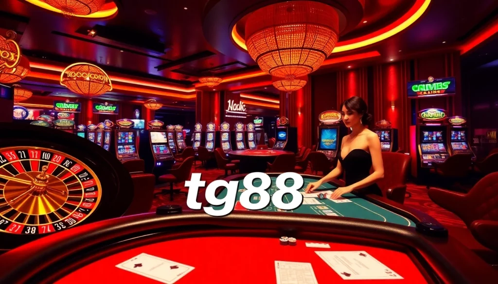 Exciting gambling scene at tg88 casino featuring roulette wheel, poker table, and slot machines.