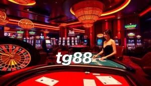 Exciting gambling scene at tg88 casino featuring roulette wheel, poker table, and slot machines.