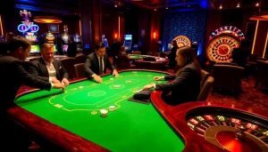 Players celebrating a win at SODO Casino's vibrant poker table surrounded by slot machines.
