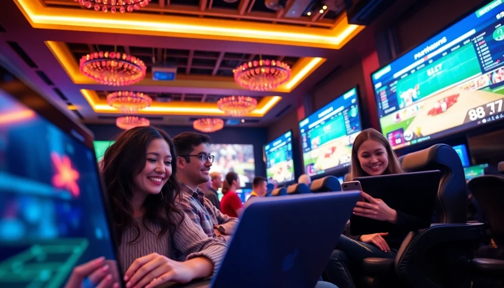 Exciting online gaming experience at 33win with modern casino backdrop and engaged players.