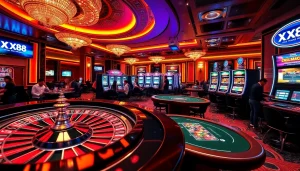 Players enjoying the thrill of gambling at XX88's online casino with vibrant tables and exciting games.
