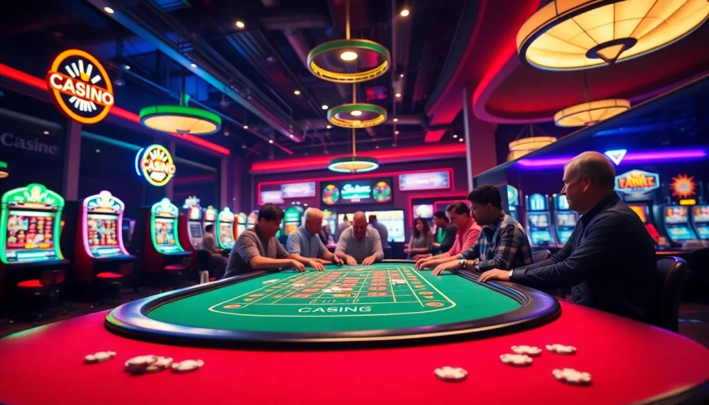 Experience the excitement of an Online Casino with vibrant gaming scenes and engaging players.