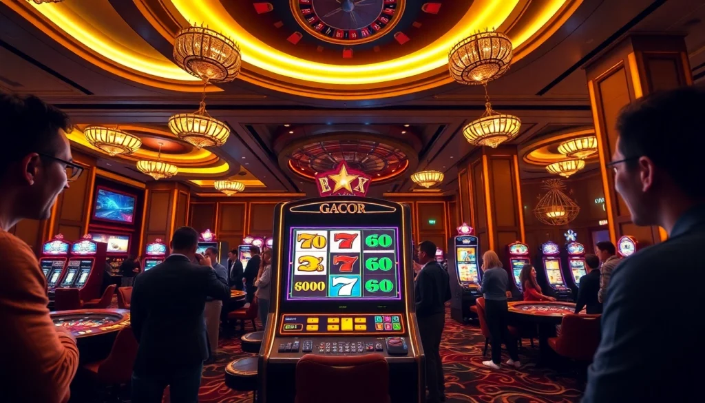 Engaging players enjoying a Slot Gacor machine experience in a luxurious casino atmosphere.