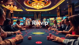 Players engaging in dynamic gambling activities with Rikvip branding in a luxurious casino setting.