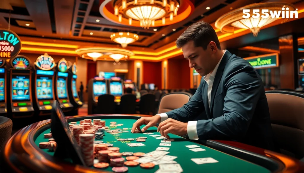 Experience high-stakes gaming at 555win with vibrant casino visuals filled with poker chips and cards.