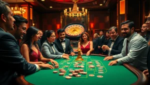 J88 players enjoy high-stakes poker at a luxurious casino table with stunning ambiance.