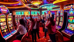 Pemain merayakan kemenangan mereka di mesin slot gacor maxwin di suasana kasino yang meriah